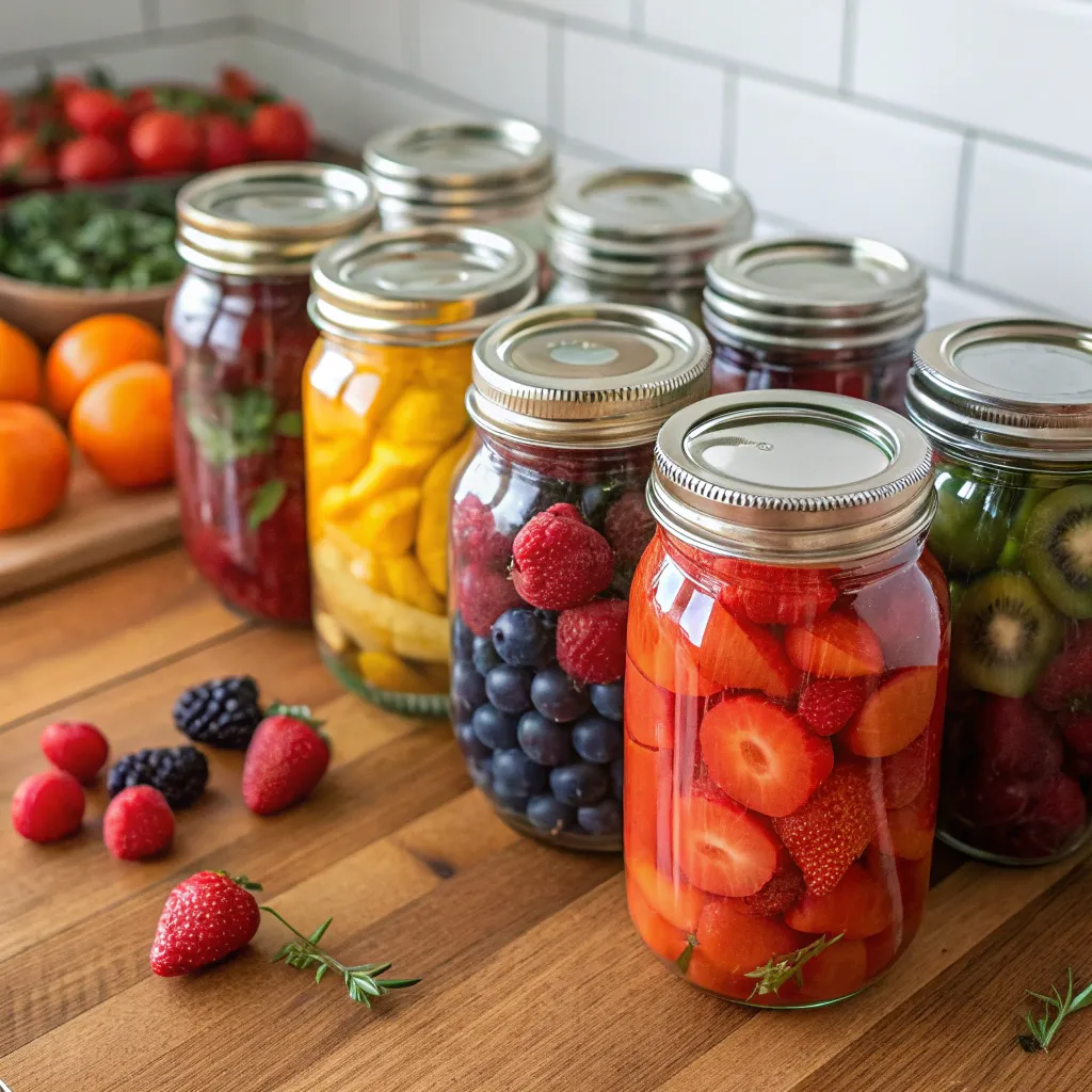 Freshly canned jars with fruits and vegetables